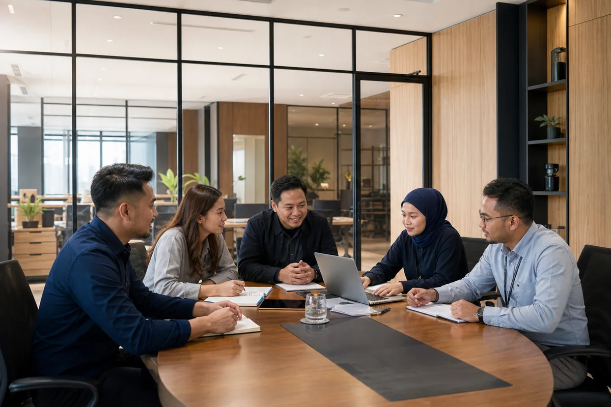 Tim Indomaru Lestari bekerja sama di kantor pusat